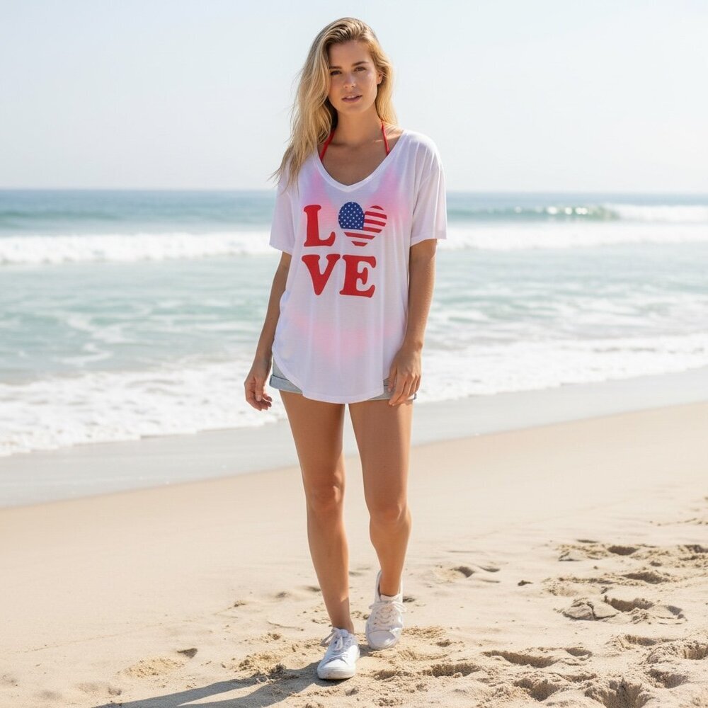 I‎ Love USA V-Neck Short Sleeve Graphic T-Shirt Sz 1X White #203N